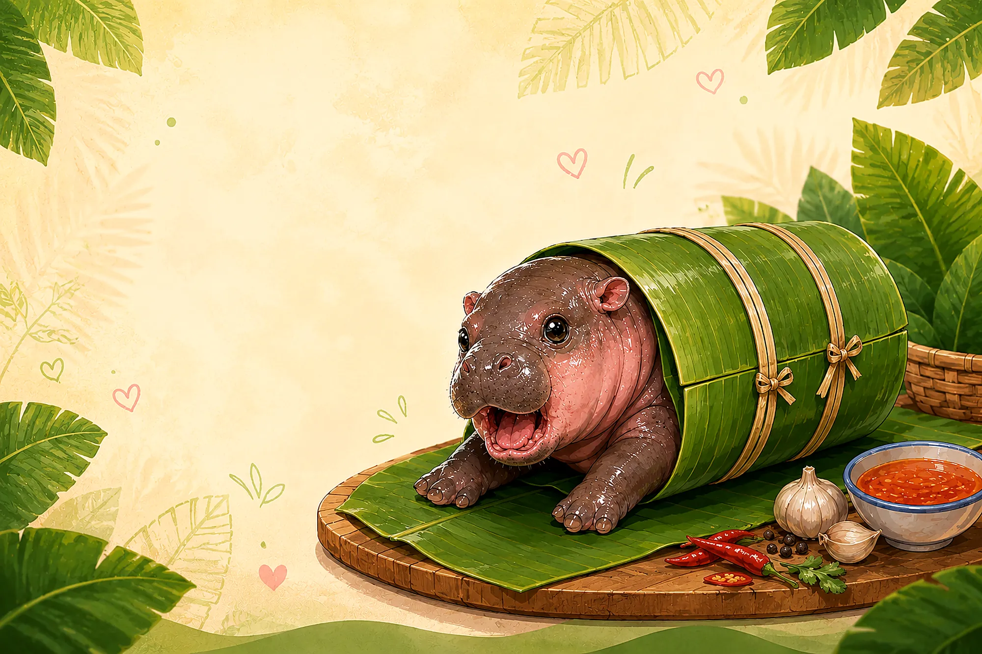 MOOYOR — pygmy hippo wrapped in banana leaves like หมูยอ